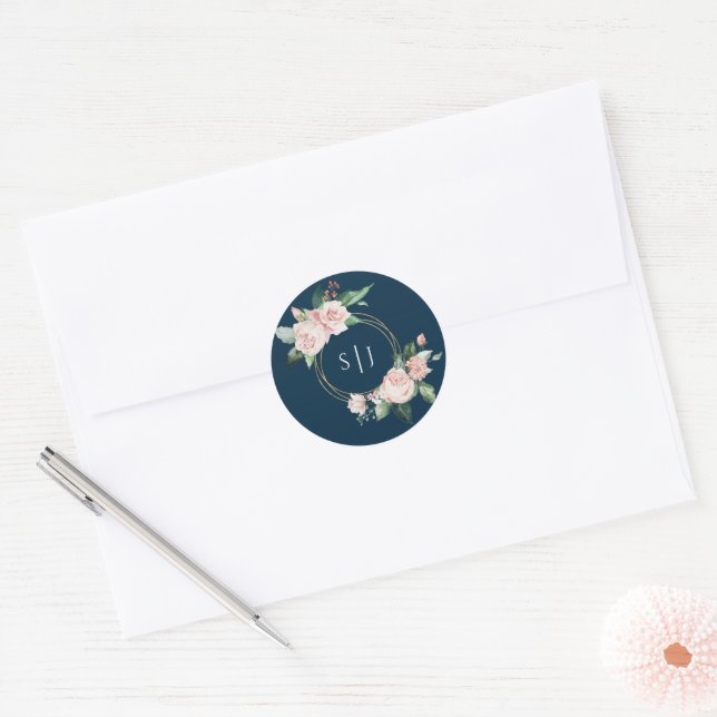 Blush Floral Navy Monogram Wedding Sticker (Envelope)