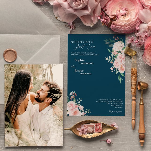 Blush Floral Navy Nothing Fancy Photo Wedding Invitation (Creator Uploaded)