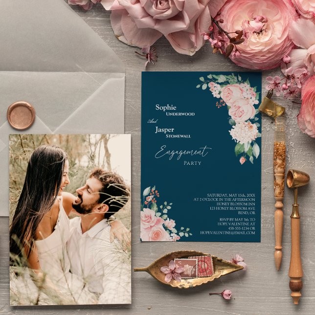 Blush Floral Navy Photo Engagement Party Invitation (Creator Uploaded)