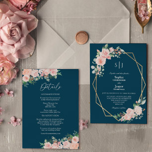 Blush Floral Navy Simple Monogram Details Wedding Invitation