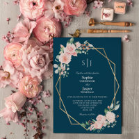 Blush Floral Navy Simple Monogram Wedding