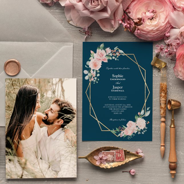 Blush Floral Navy Simple Photo Wedding Invitation (Creator Uploaded)