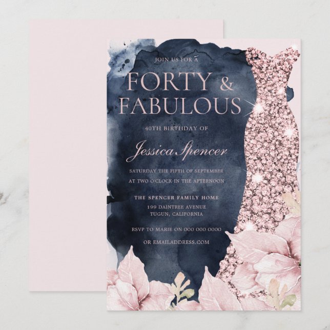 Blush Floral Navy Splash Gown 40th Birthday Party Invitation (Front/Back)