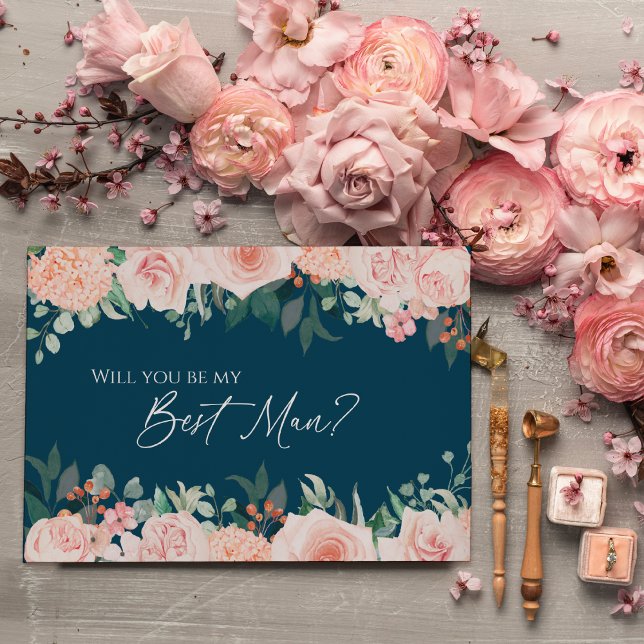 Blush Floral Navy Wedding Best Man Proposal Card (Creator Uploaded)