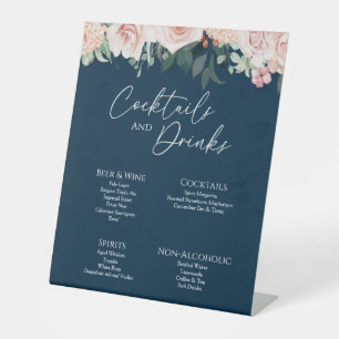 Blush Floral Navy Wedding Drinks Bar Sign