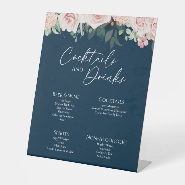 Blush Floral Navy Wedding Drinks Bar Sign (Front)