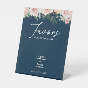 Blush Floral Navy Wedding Favours Pedestal Sign