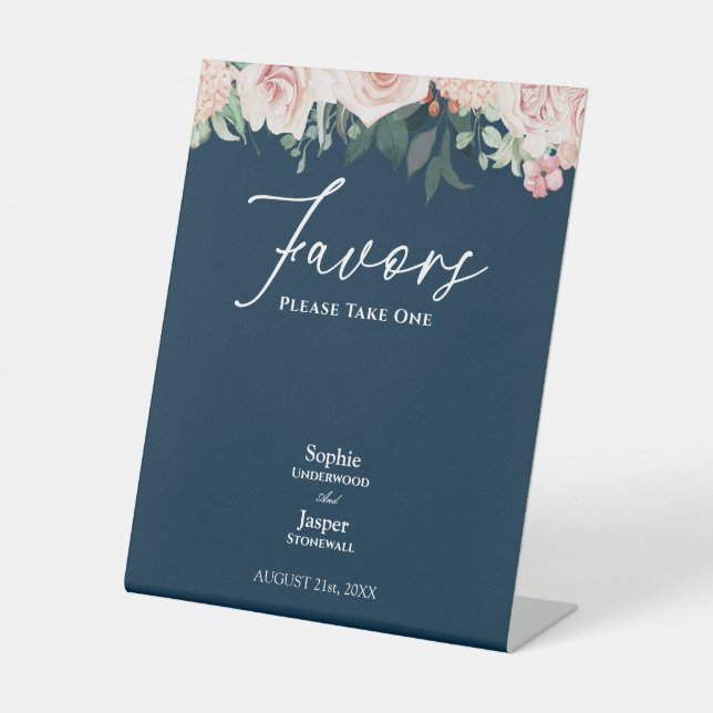 Blush Floral Navy Wedding Favours Pedestal Sign (Front)