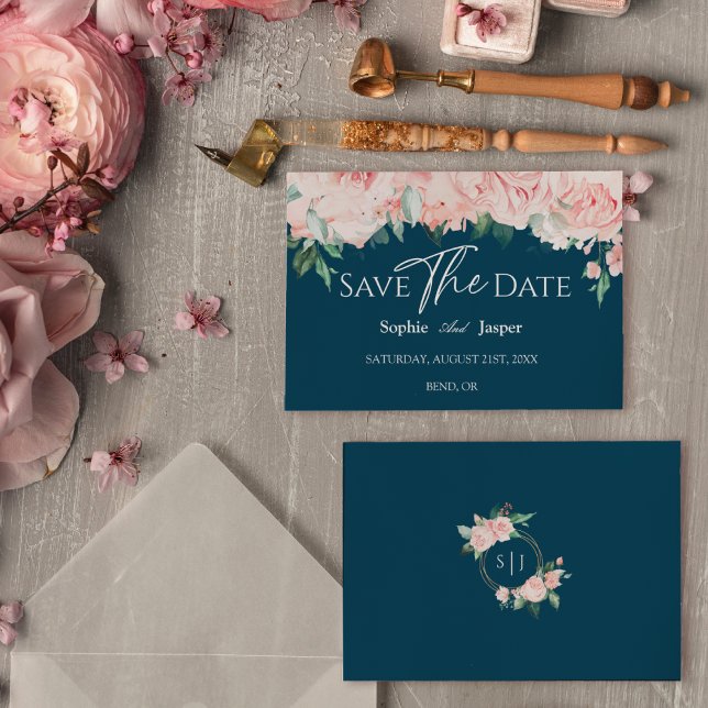 Blush Floral Navy Wedding Flat Save The Date (Creator Uploaded)