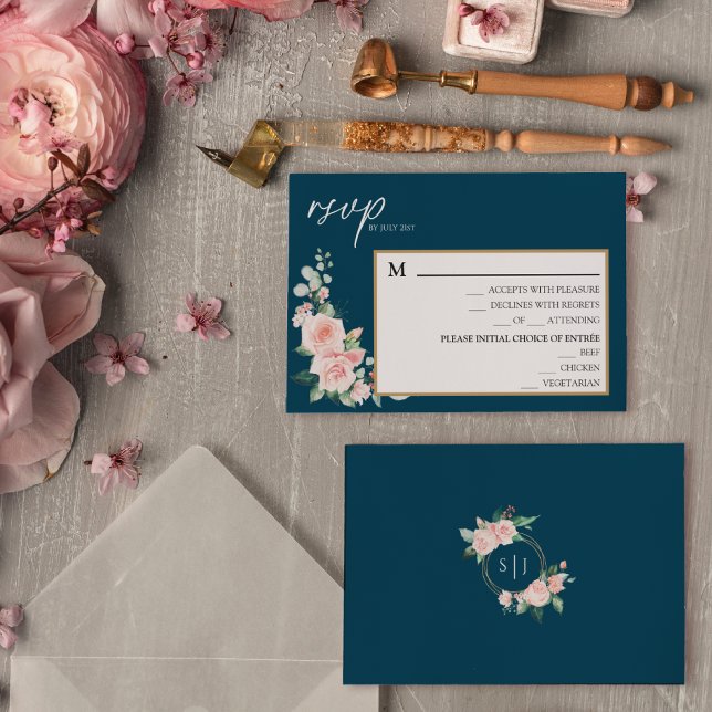 Blush Floral Navy Wedding Menu RSVP Card (Creator Uploaded)