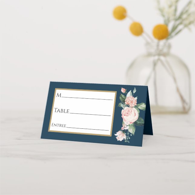 Blush Floral Navy Wedding Place Card (Front)