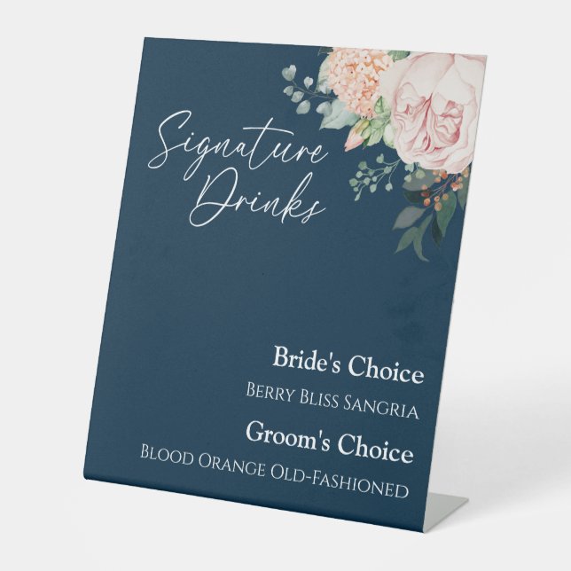 Blush Floral Navy Wedding Signature Drinks Sign (Front)