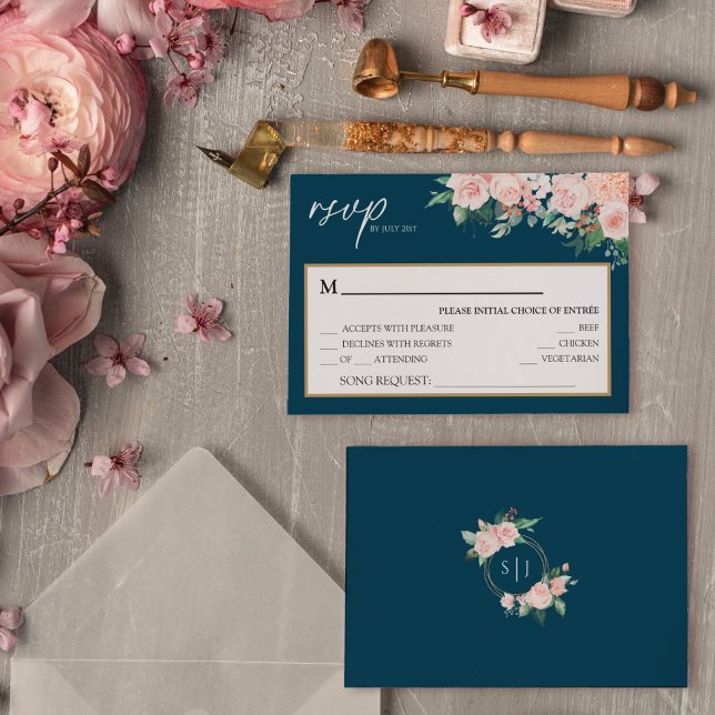 Blush Floral Navy Wedding Song Request RSVP Card (Creator Uploaded)