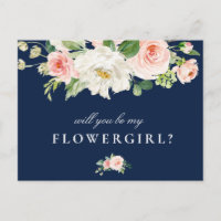 Blush floral navy will you be my flower girl card
