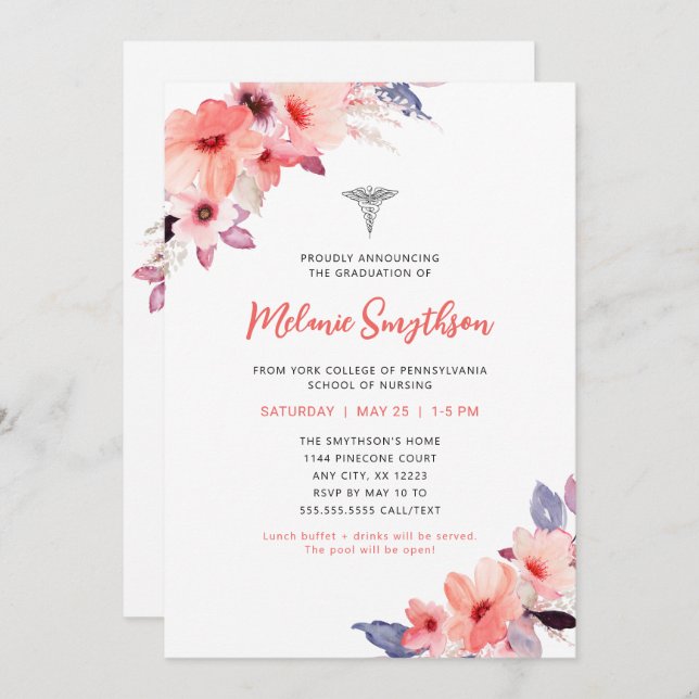Blush floral nurse photo graduation party invitation (Front/Back)