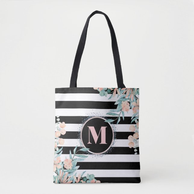 Blush Floral on Black and White Stripe Monogram Tote Bag (Front)
