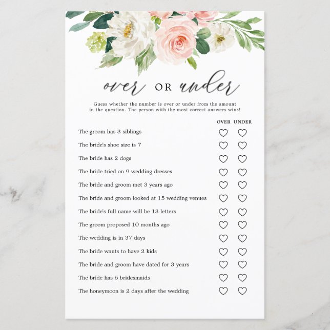 Blush Floral Over or Under Bridal Shower Game Card (Front)