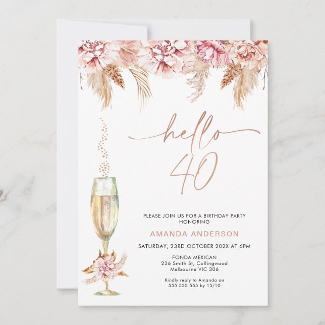 Blush Floral Pampas Champagne Hello 40 Birthday  Invitation (Front)