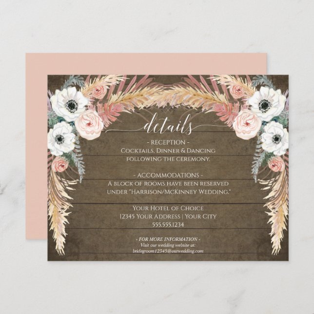 Blush Floral Pampas Grass Rustic Wedding Details Invitation (Front/Back)