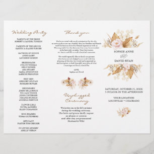 Blush Floral Pampas Grass Tri+Fold Wedding Program Flyer