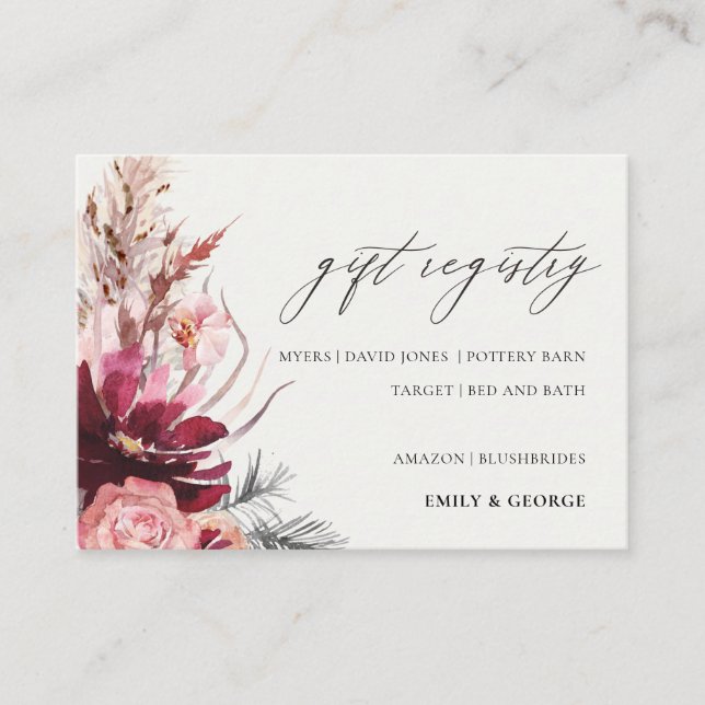 Blush Floral Pampas Grass Wedding Gift Registry Enclosure Card (Front)