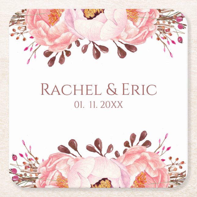 Blush Floral Paper Coaster with Custom Names (Front)