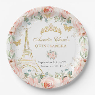 Blush Floral Paris Eiffel Champagne Quinceañera Paper Plate