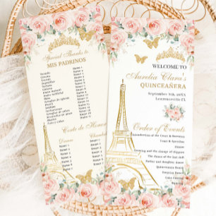 Blush Floral Paris Eiffel Champagne Quinceañera Programme