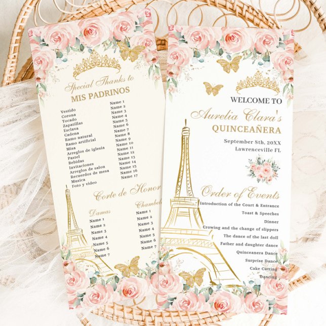 Blush Floral Paris Eiffel Champagne Quinceañera Programme (Creator Uploaded)