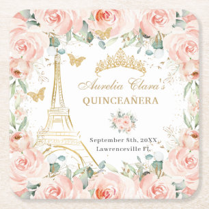 Blush Floral Paris Eiffel Champagne Quinceañera Square Paper Coaster