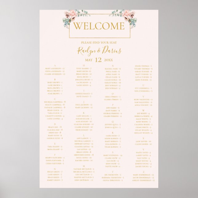 Blush Floral | Pastel Alphabetical Seating Chart (Front)