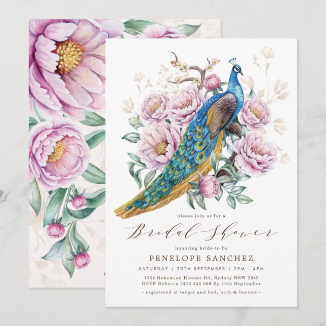 Blush Floral Peacock Chinoiserie Bridal Shower Invitation (Front/Back)