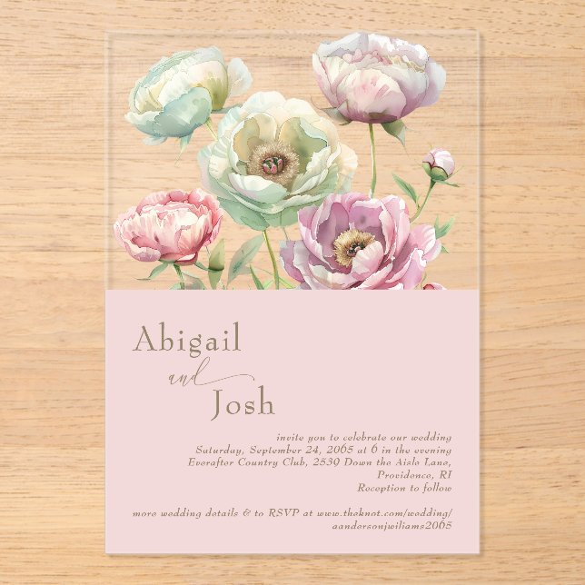 Blush Floral Peonies Acrylic Invitation (Front)