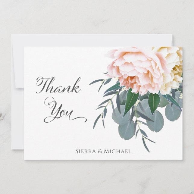 Blush Floral Peony Eucalyptus Greenery Thank You Card (Front)