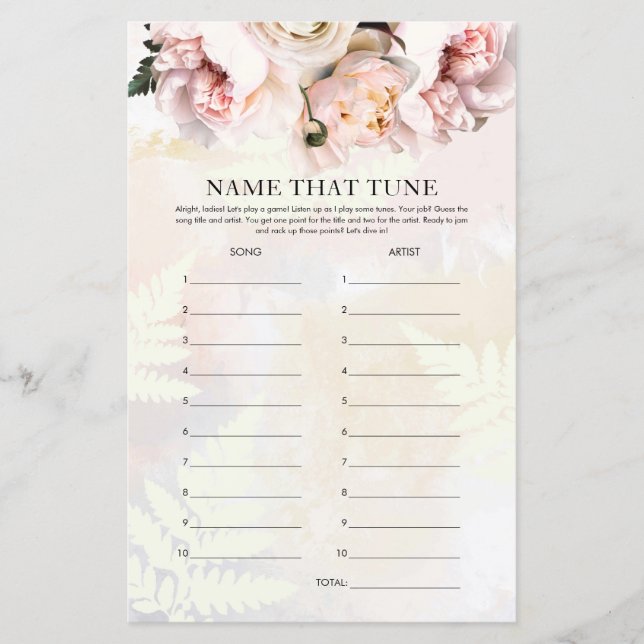 Blush Floral Peony Themed Name that Tune Game (Front)