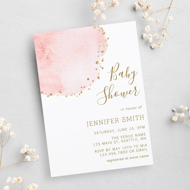 Blush Floral Petal Gold Glitter Dots Baby Shower Invitation (Creator Uploaded)