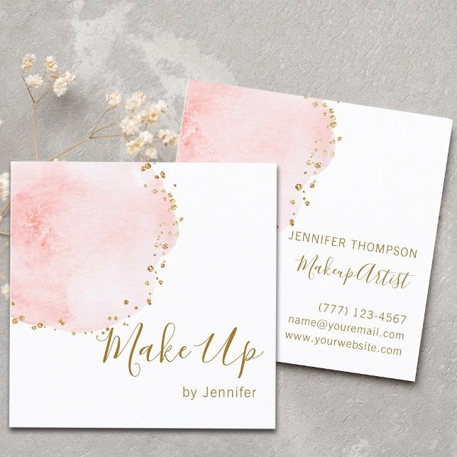 Blush Floral Petal Gold Glitter Dots Square Business Card (Front & Back)