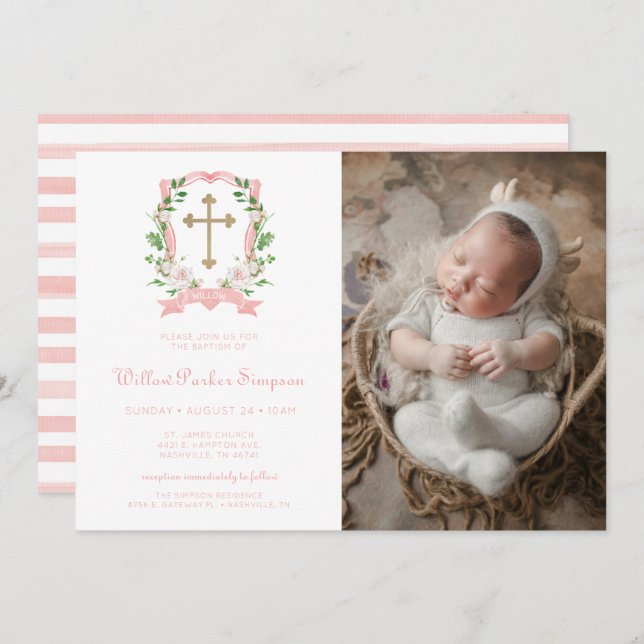 Blush Floral Photo Baptism Invitation (Front/Back)