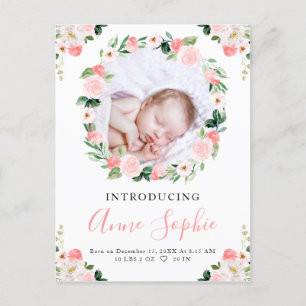 Blush Floral Photo Birth Announcement & Thank You Postcard