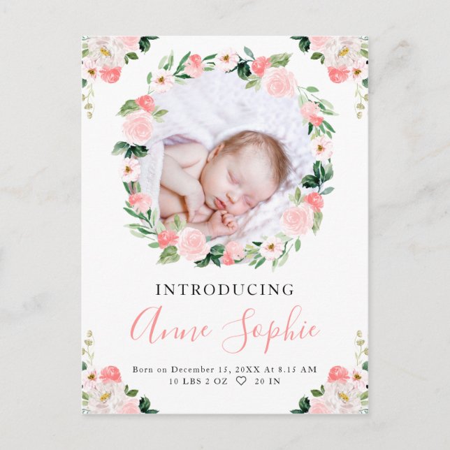 Blush Floral Photo Birth Announcement & Thank You Postcard (Front)