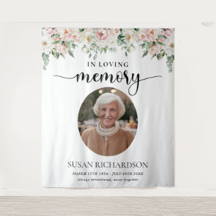 Blush Floral Photo Funeral Memorial Banner Tapestry