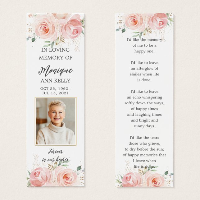Blush Floral Photo Funeral Memorial Bookmark (Front & Back)