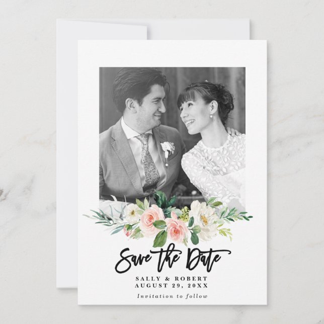 blush floral photo wedding save the date card (Front)