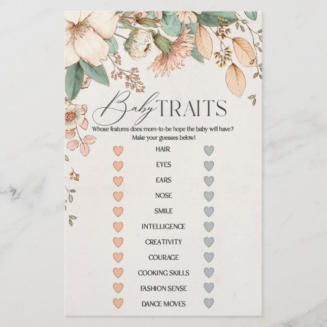 blush floral pink baby shower baby traits game  (Front)