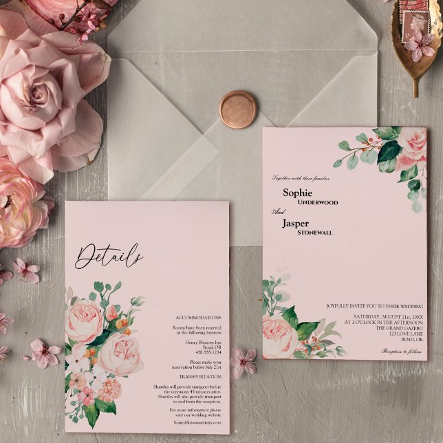 Blush Floral Pink Details All In One Wedding Invitation (Creator Uploaded)