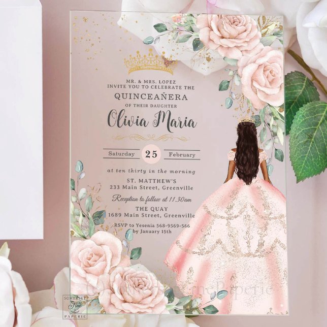 Blush Floral Pink Dress Princess Gown Quinceanera  Acrylic Invitations (Creator Uploaded)