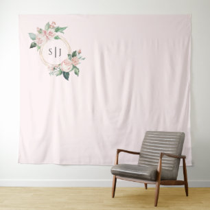 Blush Floral Pink Monogram Wedding Photo Backdrop Tapestry