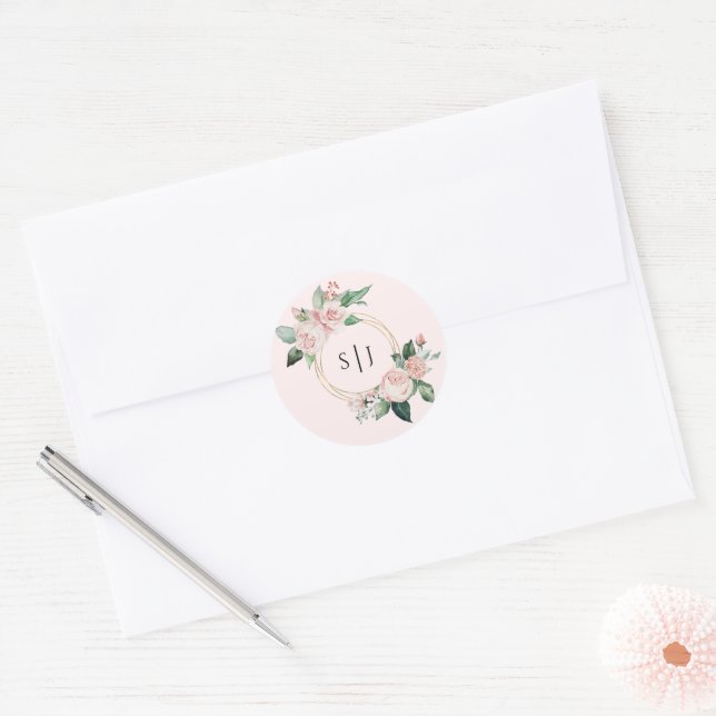 Blush Floral Pink Monogram Wedding Sticker (Envelope)