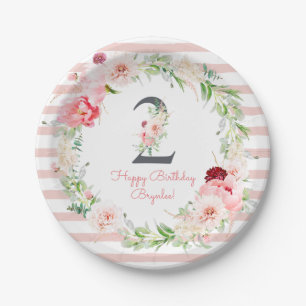 Blush Floral Pink Stripe 2nd Birthday Party Paper Plate