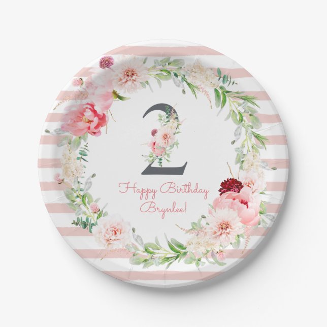 Blush Floral Pink Stripe 2nd Birthday Party Paper Plate (Front)
